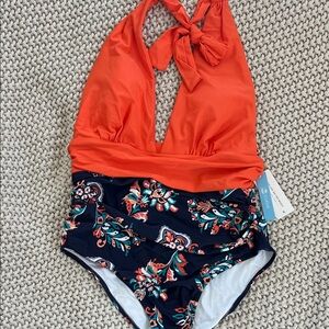 Cupshe Orange and Navy Floral One Piece Swimsuit